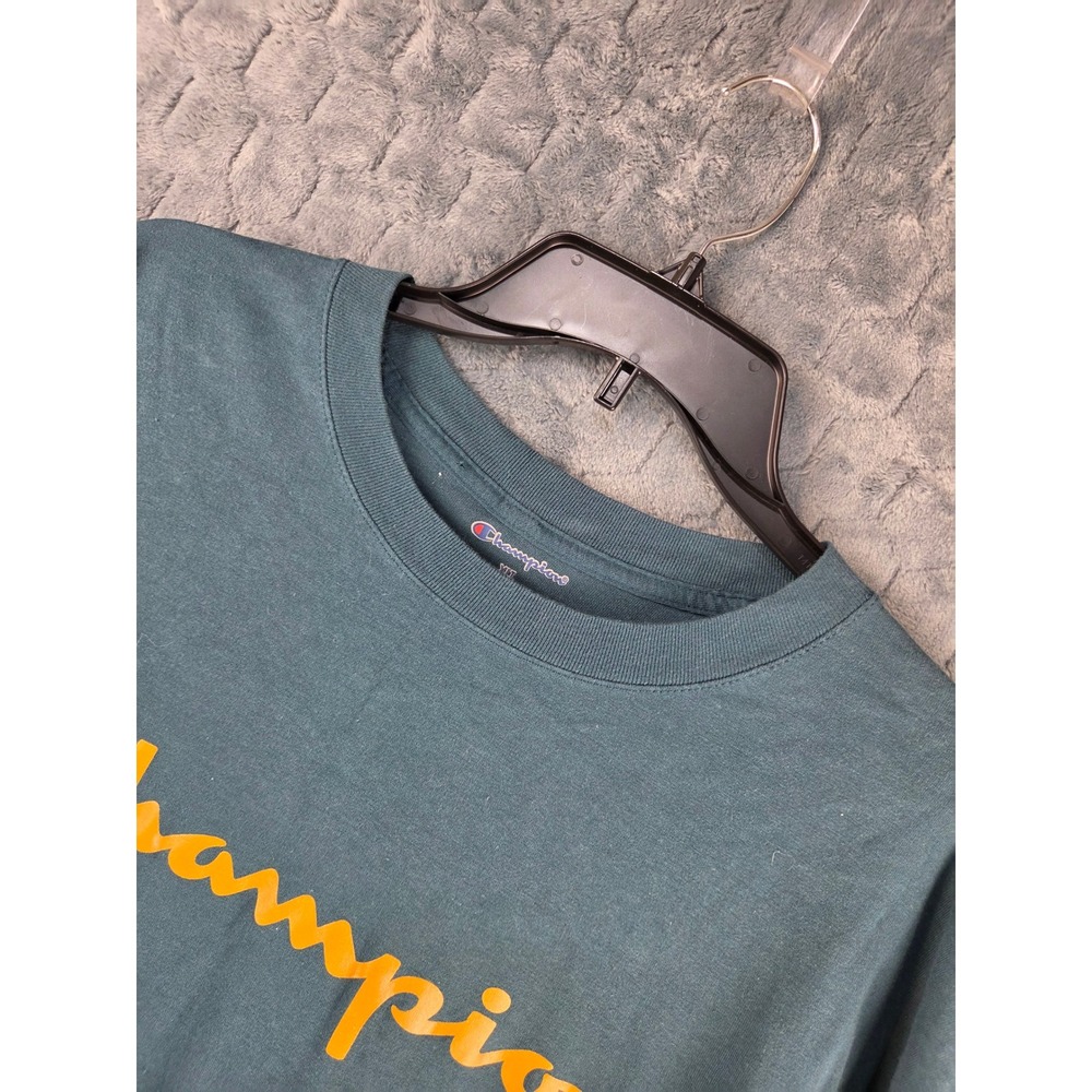 Champion Mens XLT Teal Green Yellow Script Logo Graphic T-Shirt Tall Cotton Tee
